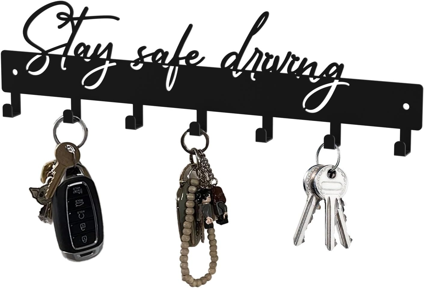10 Inch Key Holder for Wall, Black Metal House Decoration Key Hooks, Phrase Style(Stay Safe Driving), Key Hanger Organizer with 7 Hooks, Suitable for Doors, Corridors, Living Rooms, Bedrooms