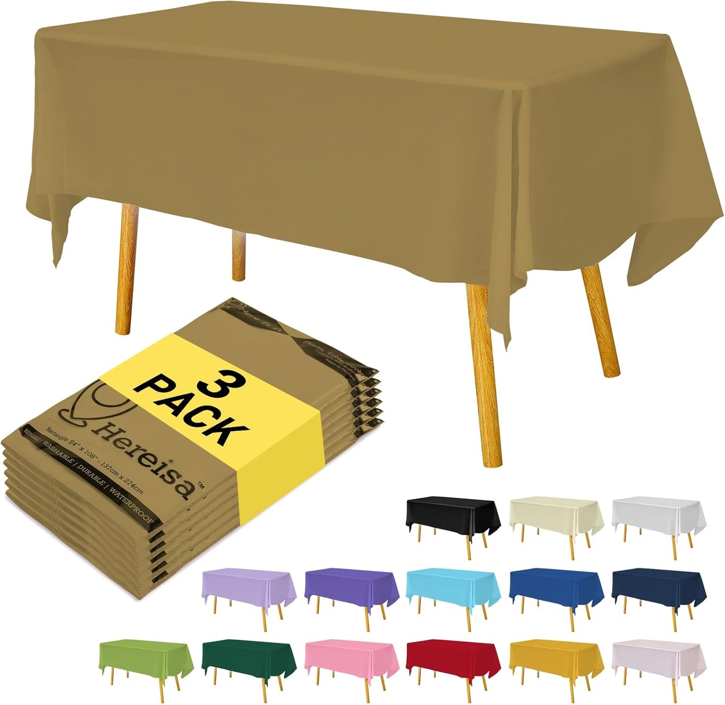Plastic Gold Tablecloths 3 Pack Disposable Table Covers 54 x 108 Inch Golden Table Cloths for Fall Parties Harvest Graduations Anniversary Thanksgivings Weddings