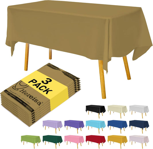 Plastic Gold Tablecloths 3 Pack Disposable Table Covers 54 x 108 Inch Golden Table Cloths for Fall Parties Harvest Graduations Anniversary Thanksgivings Weddings