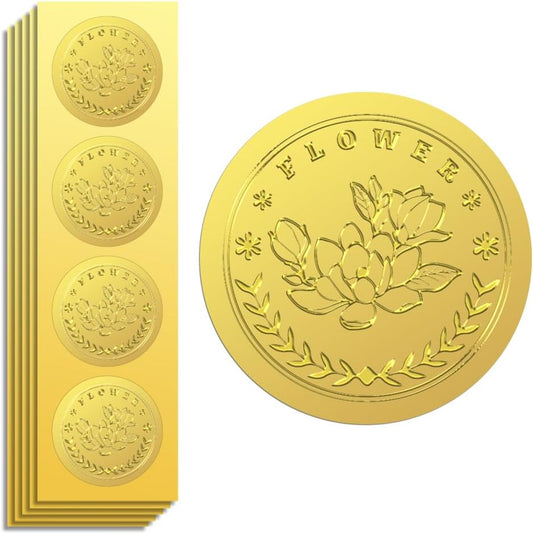 Peacoblue Gold Foil Stickers Seals Embossed 2 Inch 100Pcs Magnolia, Self Adhesive Gold Around Embossing Sticker for Certificate Paper Envelope Seal Gift Card Present Decoration