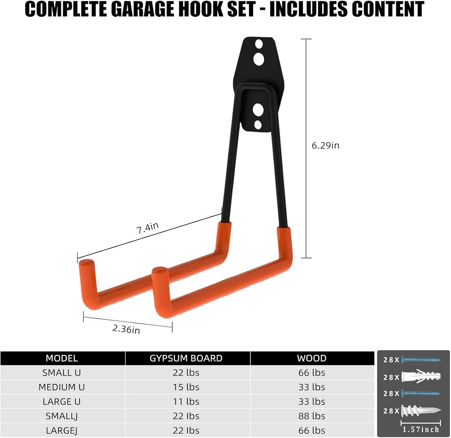 Garage Hooks, 4 Pack Large Square Wall Hooks for Hanging Heavy Duty Ladders, Bikes, Tools Ideal for Garage, Garden, Basement Utility Room Storage (Orange)