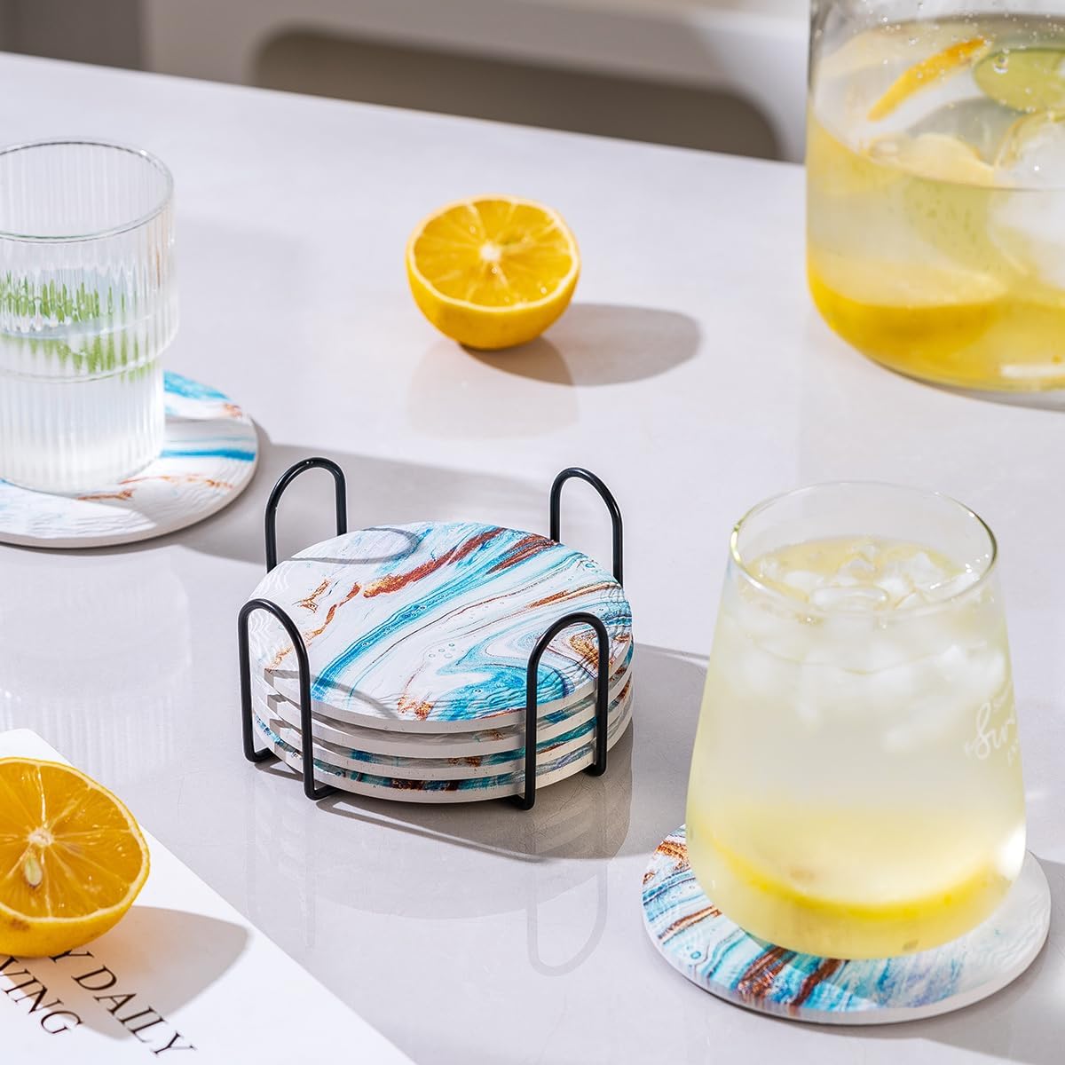 Marble Coasters with Holder Set of 6, Blue Marble Abstract Ceramic Coasters for Drinks, Housewarming Birthday Gifts,