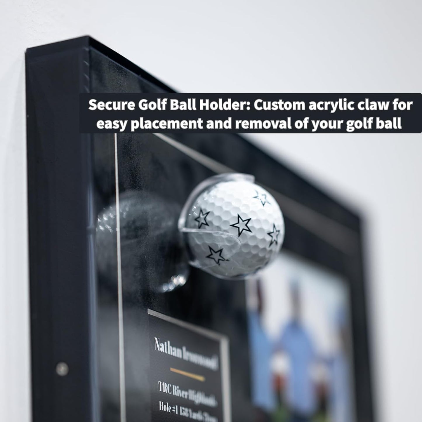 One-Shot Victory Golf Ball Display Frame – Acrylic Case with External Ball Mount, Custom Photo & Nameplate, Black Suede Mat, Elegant Golf Keepsake Gift