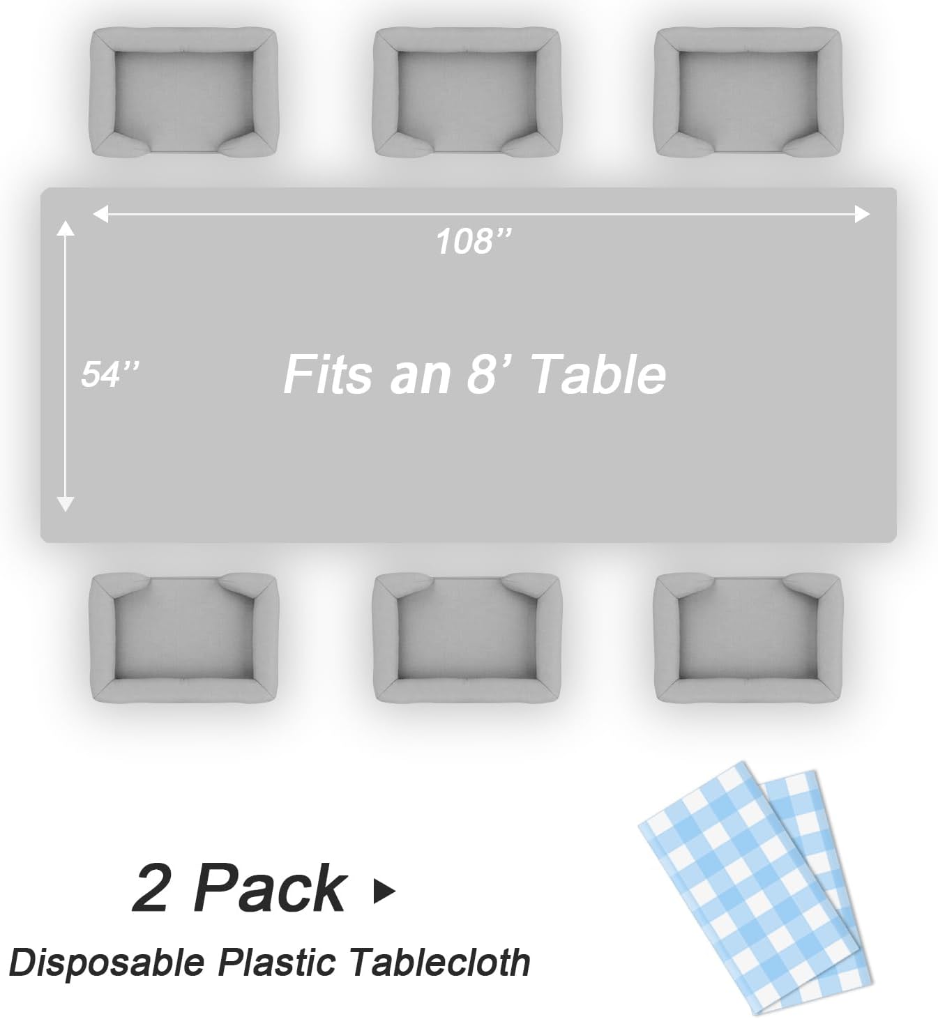 QIKSION Blue Gingham Tablecloth Disposable 2 Pack, 54 x 108 Inch Blue and White Checkered Table Cloth for Rectangle Tables, Plastic Table Cover