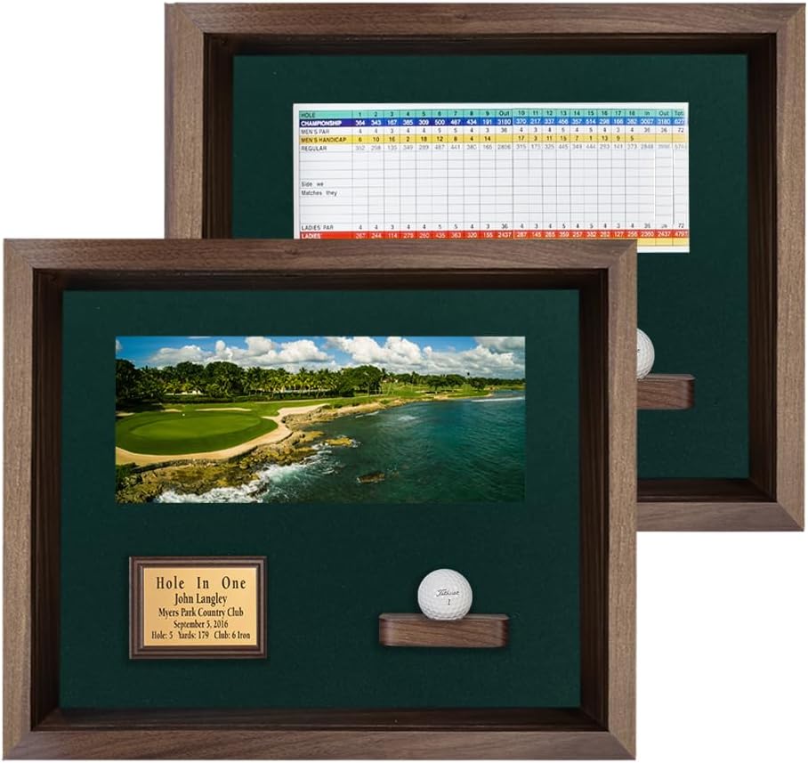 Hole in One Shadowbox and Golf Ball Display Case | Personalized Engraved Plate | Holds Golf Ball and Scorecard or Photo | Horizontal Layout | Walnut Finish | Wall Mounted