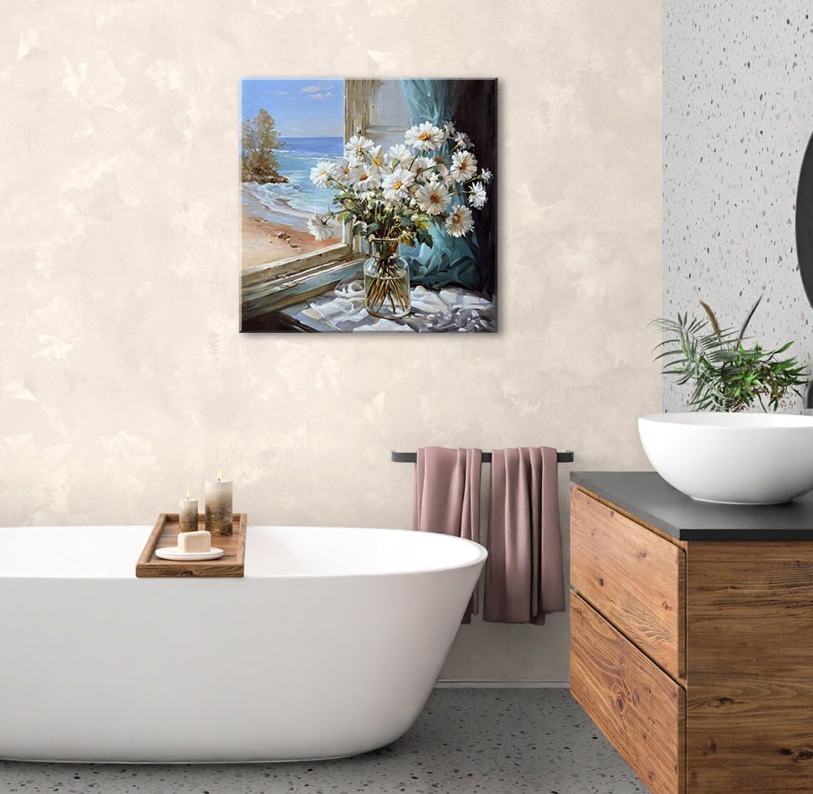 Bathroom Wall Decor White Flowers Canvas Wall Art Print Blue Beach Picture Ocean Modern Poster Coastal Seascape Painting Floral Daisy Artwork for Office Bedroom 14"x14"