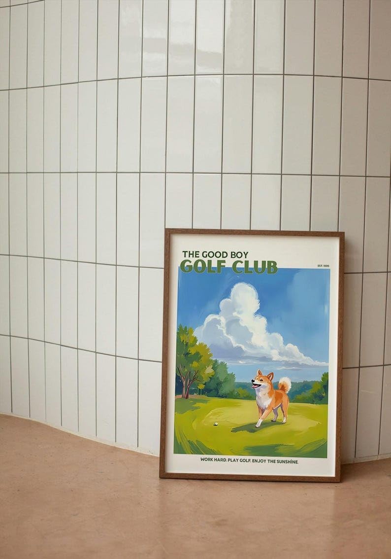 Good Boy Golf Club Poster, Shiba Inu Dog on Golf Course Wall Art, Retro Oil Painting Style Golf Print, Trendy Golf Wall Art, Creative Present for Golf Enthusiasts (Unframed) (9x11)