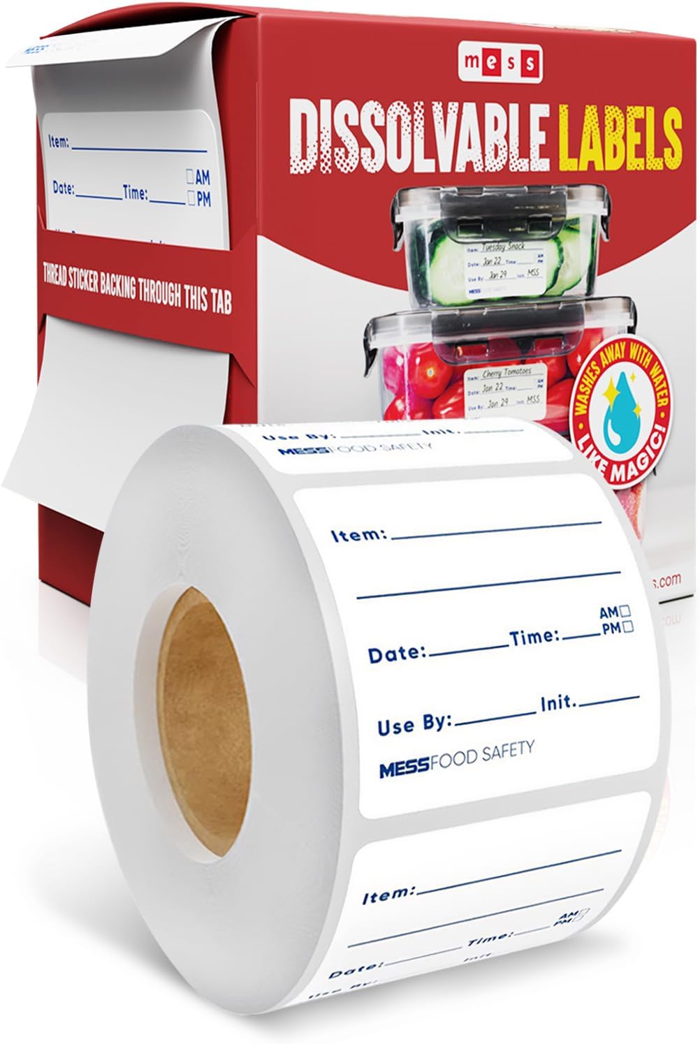 MESS Dissolvable Food Labels, Fill-in, 2x2 200/Roll - Dissolves in 30 Seconds or Less - Removable Pantry, Meal Prep & Food Storage Labels – Canning & Freezer Use