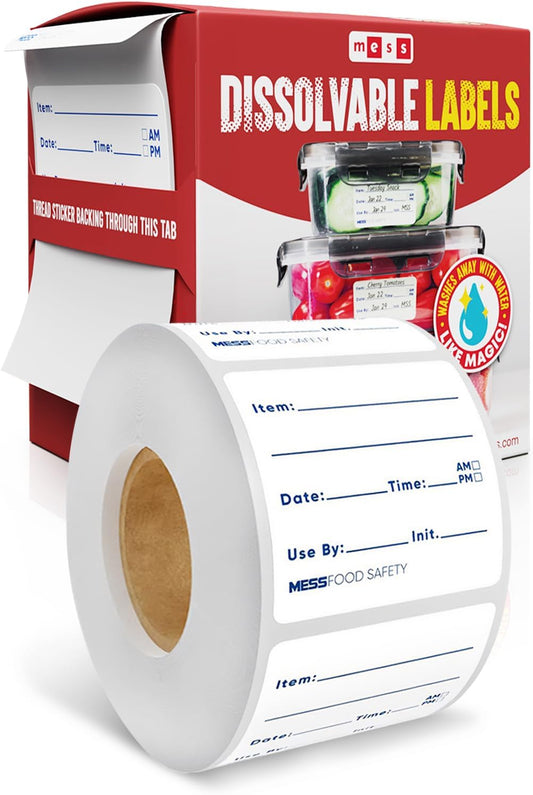 MESS Dissolvable Food Labels, Fill-in, 2x2 200/Roll - Dissolves in 30 Seconds or Less - Removable Pantry, Meal Prep & Food Storage Labels – Canning & Freezer Use
