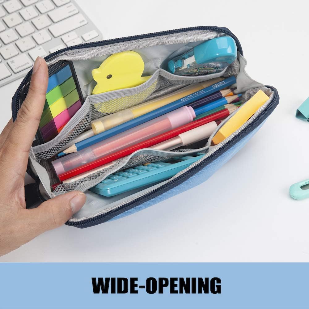Sooez Wide-Opening Pencil Pen Case, Lightweight & Spacious Pencil Pouch Zipper Stationery Bag, Aesthetic Supply with Triangular Design for Adults, Blue