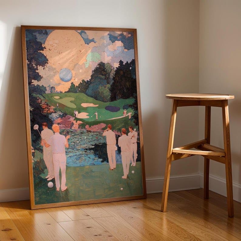 Nationcog Retro Golf Oil Painting Wall Art, Vintage Abstract Sports Print for Bar, Office or Game Room Decor, Masters Course Golfer Artwork with Tee Time Theme (Unframed) (27x40)