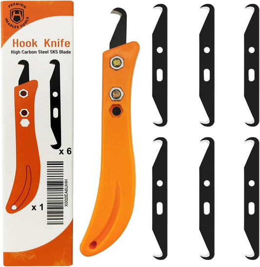 Headley Tools Hook Blade Utility Knife, Golf Grip Removal Tool Hook Knife with Blades for Regripping Golf Clubs, Golf Club Grip Hook Blade Knife Orange (7pcs Hook Blades, 1pcs Hook Knife Handle)