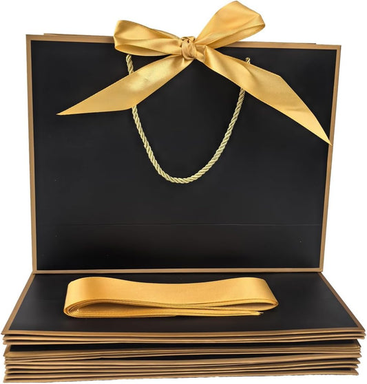 TKSBAG 12PCS Gift Bags Medium Size with Handles, 12.5 x 9.8 x 4.3 In Black Gold Thank You Bags with Bow Ribbon for Wedding, Birthday, bridesmaid, Groomsmen, Party Favors, Thanksgiving, Christmas