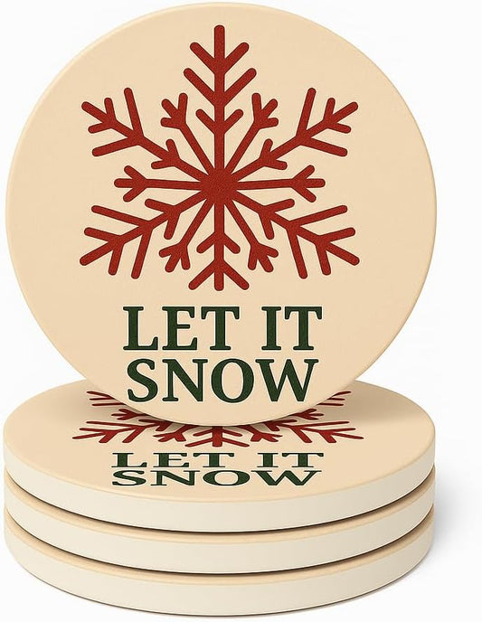 Let It Snow Christmas Coasters Set of 4,Absorbent Ceramic Drink Coasters with Non-Slip Cork Backing, Festive Red Snowflake & Holiday Phrase Design, Winter Coffee Table Protection & Gift Decor