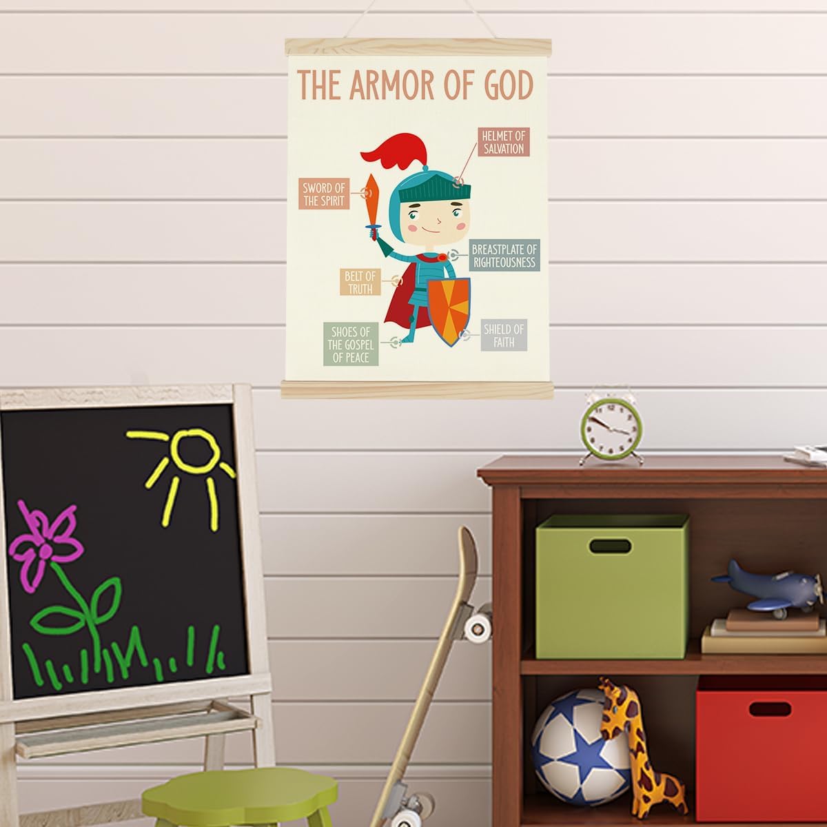 WINGTECA Kids Scripture Poster Christian Boho Decor Hanger Frame Classroom Back to School Decorations The Armor of God Colorful Wall Hanging Banner Decor for Classroom Kids Room Preschool 12x16Inch