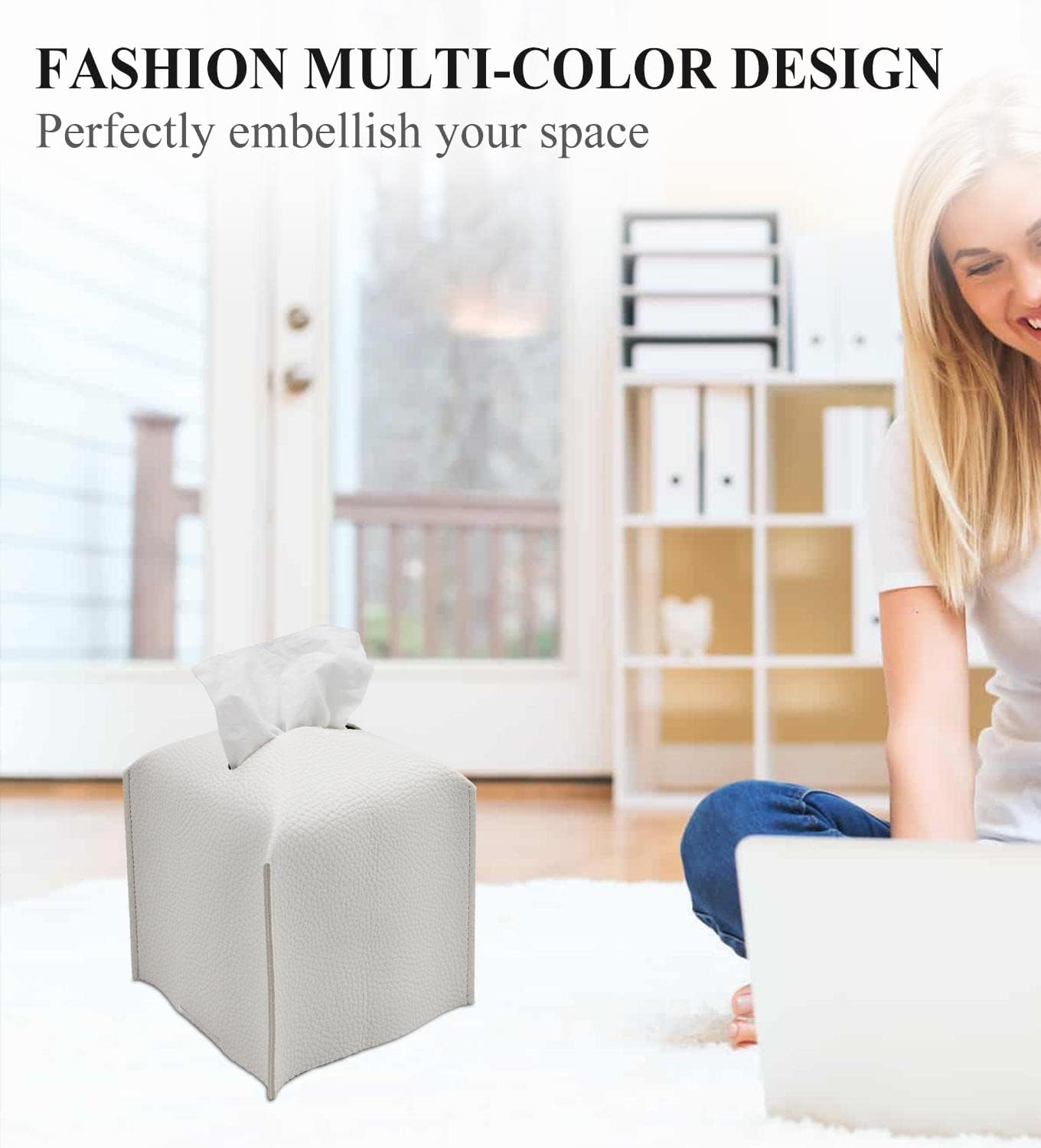 Livelab Tissue Box Cover, Square Decorative PU Leather Tissue Box Holder Modern Tissue Case Facial Paper Organizer Dispenser for Bathroom, Vanity Countertop, Night Stands, Desk 5X5X5'' | Off White