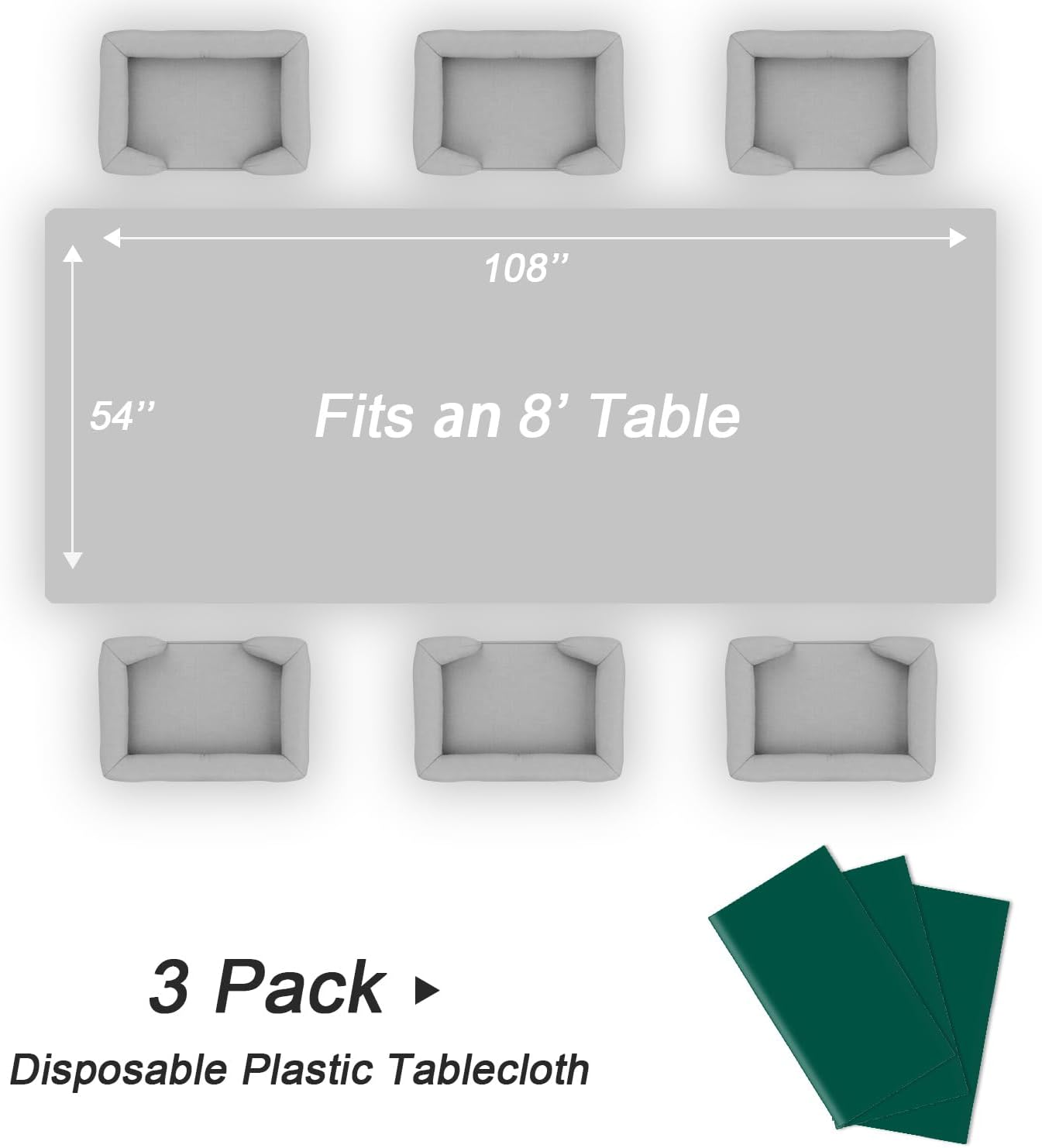QIKSION Plastic Table Cloth Disposable 3 Pack, 54 x 108 Inch Tablecloths for Rectangle Tables, Dark Green Plastic Table Cover
