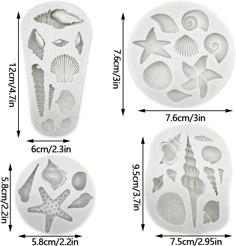 4 PCS Marine Theme Cake Fondant Silicone Mold Seashell Conch Starfish Baking Molds, For Theme Cake Cookie Chocolate Candy Decoration Fondant Polymer Clay