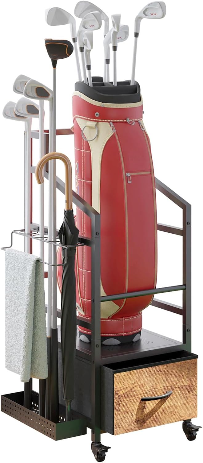 Golf Bag Organizer Rack with Wheels, Golf Storage Organizer for Garage,Golf Stand & Accessories,Brown Garage Organizer Fit Single Golf Bags