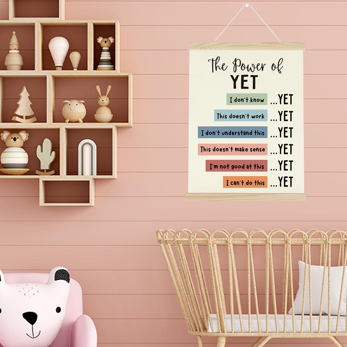 WINGTECA Motivational Decor Mental Health Poster Boho Hanger Frame Classroom The Power of Yet Colorful Wall Hanging Banner Decor for Classroom Office Kids Room 12x16Inch