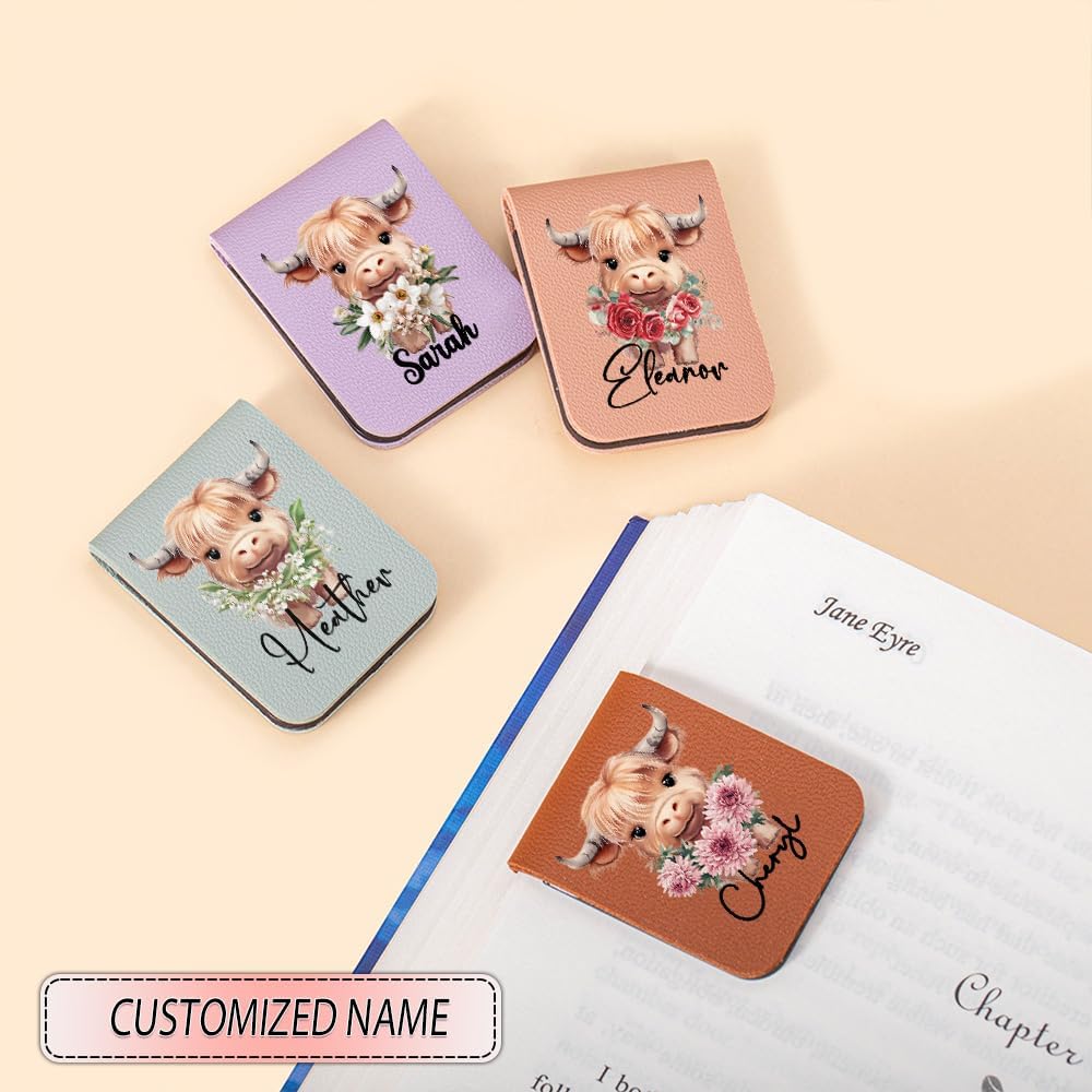 CALLIE Personalized Magnetic Bookmark Clip – Custom Name Reading Gifts for Book Lovers, Birthday Teacher's Day Christmas for Bookworm Gifts (Highland Cow Birth Flower)