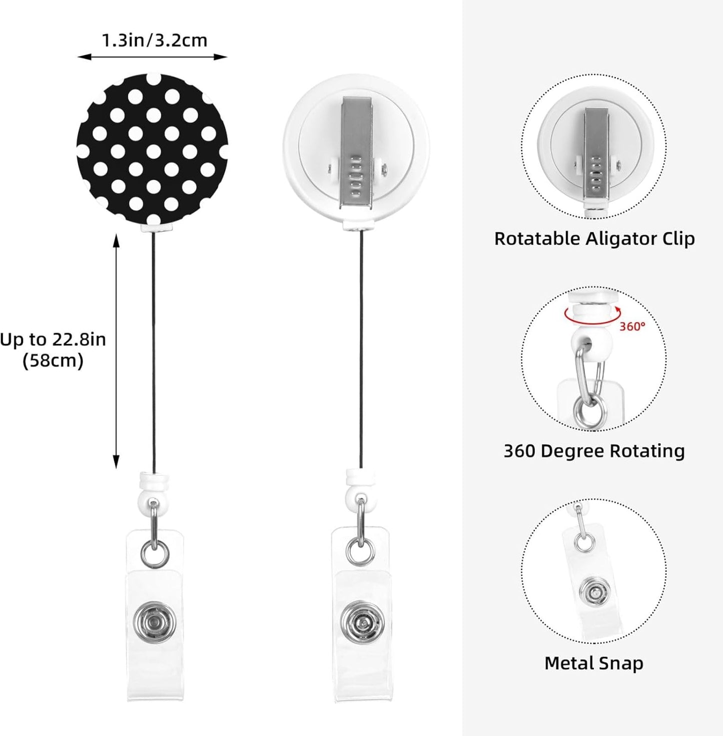 Black White Polka Dot Badge Reels Retractable Badge Holder with Clip for Id Name Tag Office Worker Student Teacher Nurse Doctor