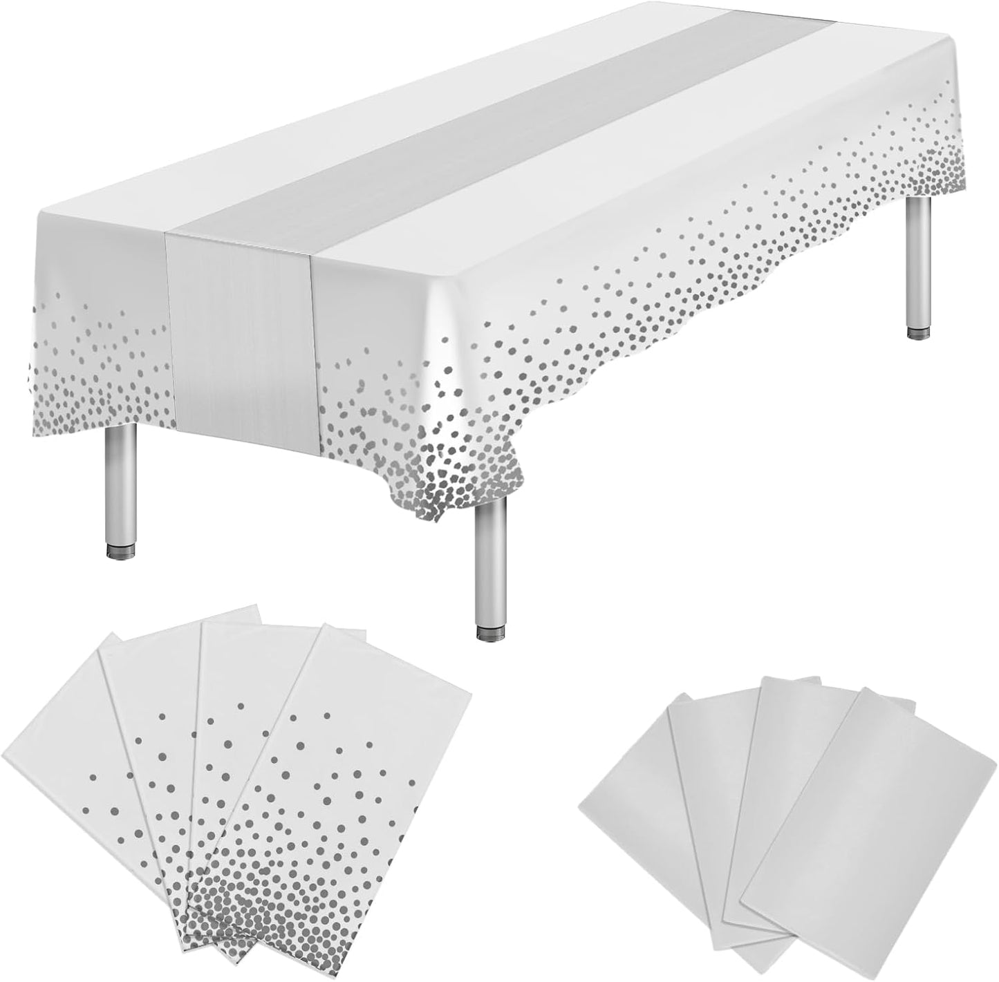 8 Packs Plastic Table Cloth Rectangle Table Disposable and Satin Table Runner, White and Silver Tablecloth Table Runner Cover for Baby Shower Birthday Wedding Anniversary Engagement Party Decorations