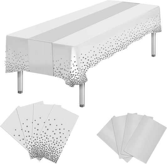 8 Packs Plastic Table Cloth Rectangle Table Disposable and Satin Table Runner, White and Silver Tablecloth Table Runner Cover for Baby Shower Birthday Wedding Anniversary Engagement Party Decorations