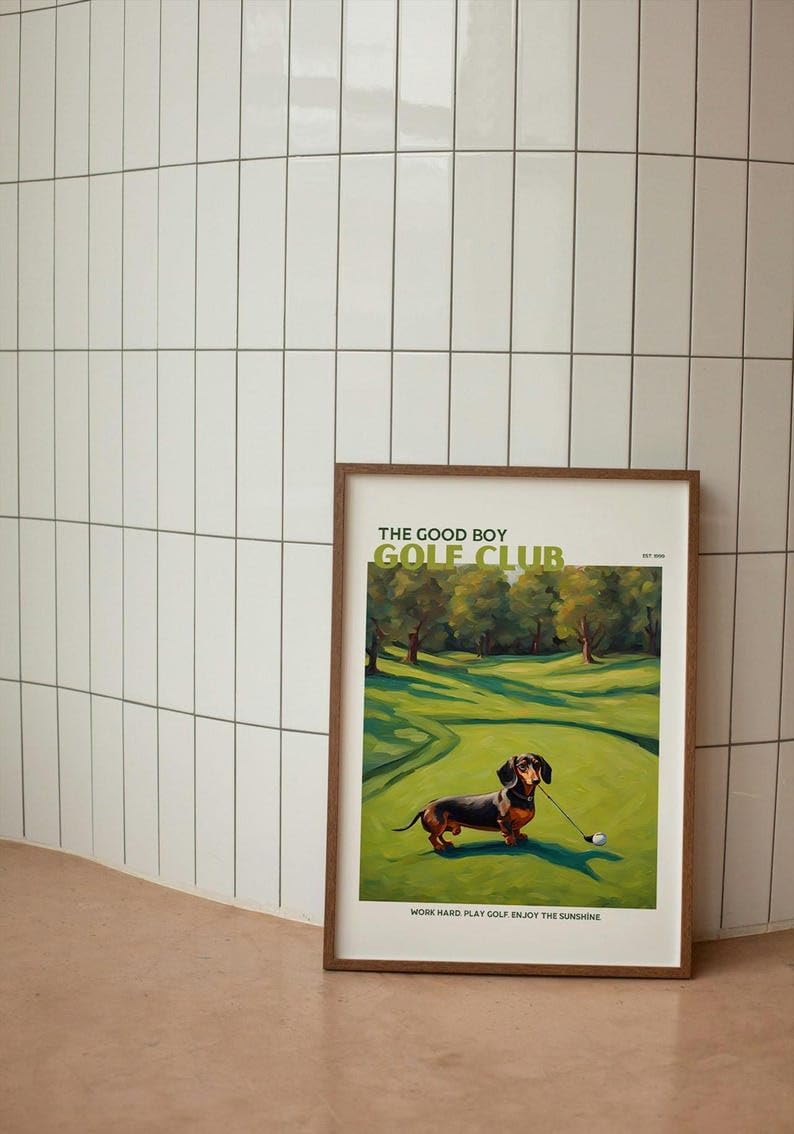 Nationcog Golf Wall Art Print, Good Boy Golf Club Poster with Dachshund Dog, Colorful Impasto Painting, Retro Sports Decor, Funny Wiener Dog Artwork, Great Gift for Golf Fans (Unframed) (20x30)