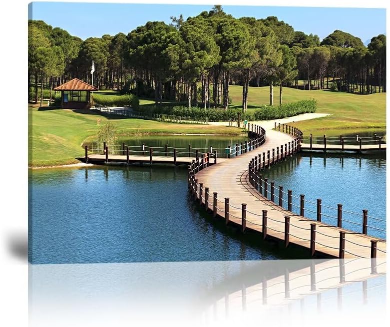 HJY Art USA Golf Course Wall Art Pictures Golf Club Wall Decor Blue Green Painting Poster for Home Decor Living Room Bedroom Bathroom Office Gym Landscape Framed Artwork Ready to Hang (12 x 16 inch)