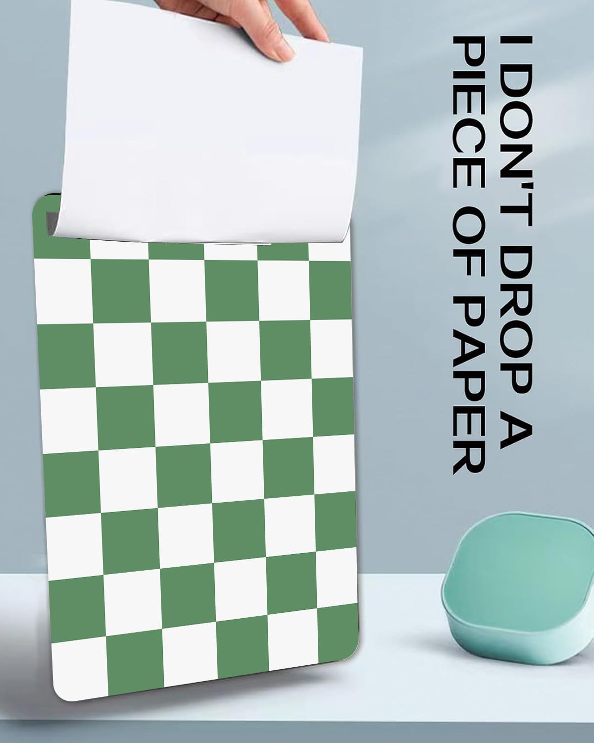 Fashion A4 Clipboard, Standard Letter Size 9" x 12.5", Decorative Wooden Clipboard with Low Profile Metal Clip for Office, School, Teachers, and Students, Green White Checkered Lattice