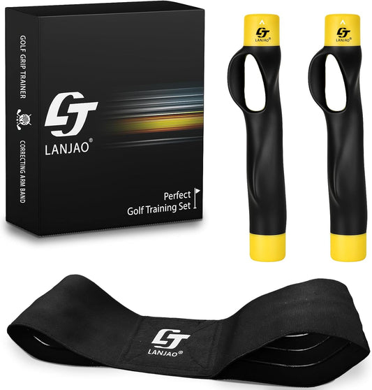 Golf Grip Trainer 2 Pack with Swing Correcting Arm Band, Golf Training Aid, Golf Grip Kit,Grip Trainer Golf Club to Help Train Correct Hand Position