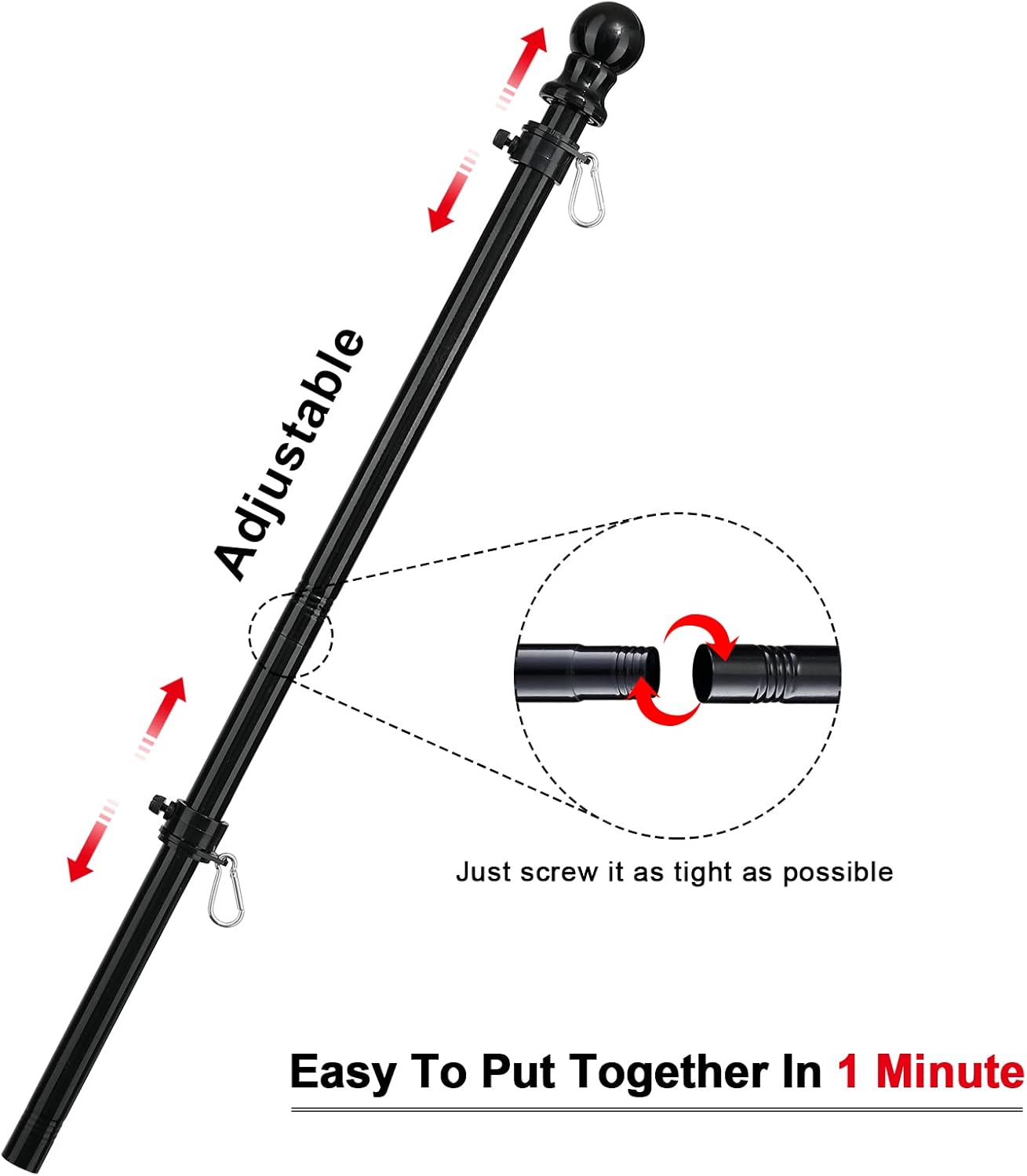 COCONUT Flag Pole for House, 5FT Black Stainless Steel Wall Mount Flagpole Suitable for 3x5 American Flags, Perfect for Yard Truck Porch Boat (Flag Pole Only)