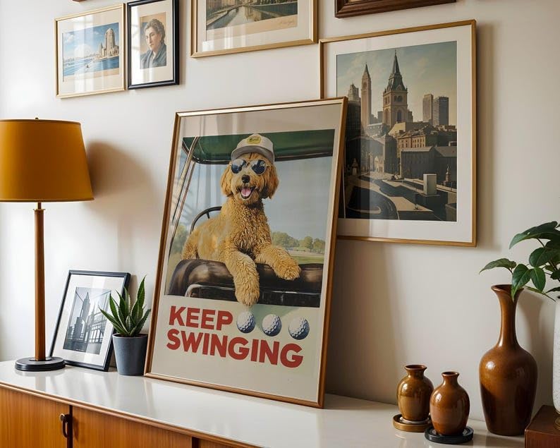Funny Goldendoodle Golf Wall Art, Vintage Retro Dog Sports Print for Bar, Office or Home Decor, Keep Swinging Inspirational Golfer Artwork (Unframed) (9x11)