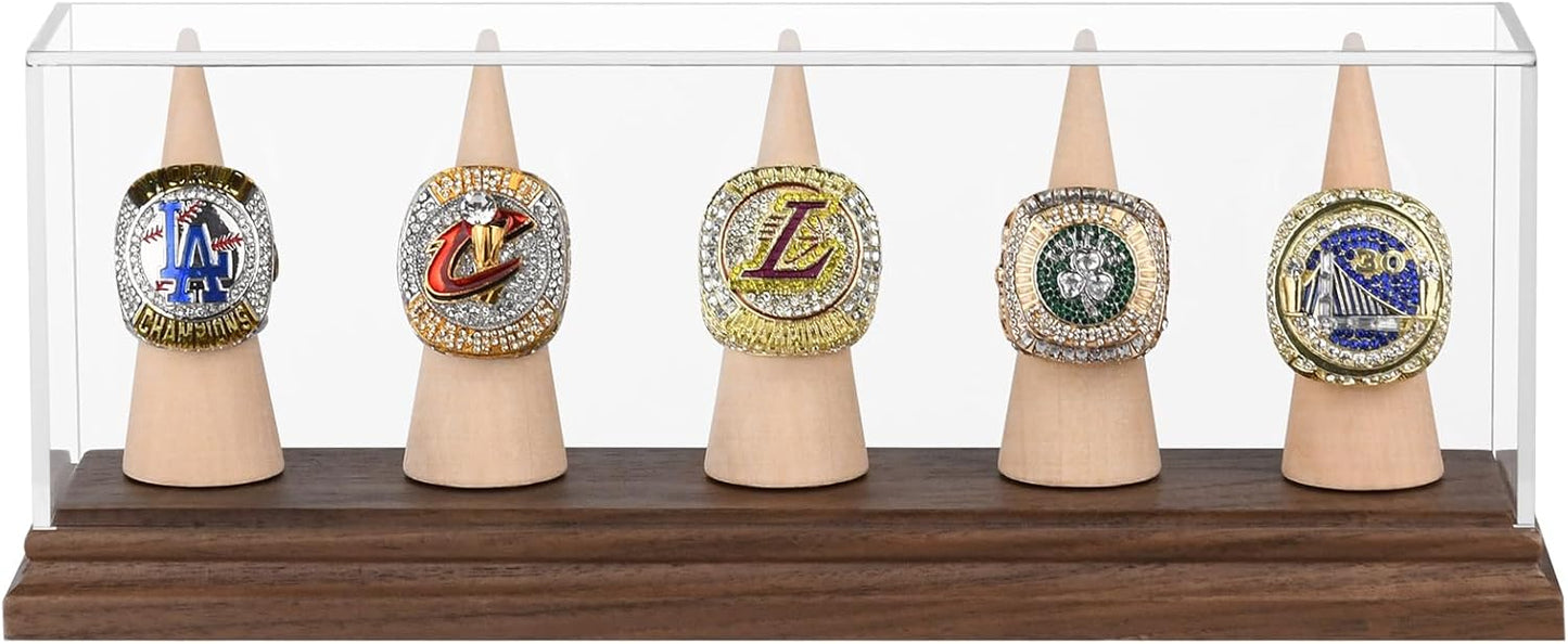 Championship Ring Display Case Baseball Softball Football Ring Holder for 5 Rings Wanult Wood Base Acrylic Sports Ring Display Case Stand for Men Wooden Ring Box for Women Memorabilia Showcase Cube