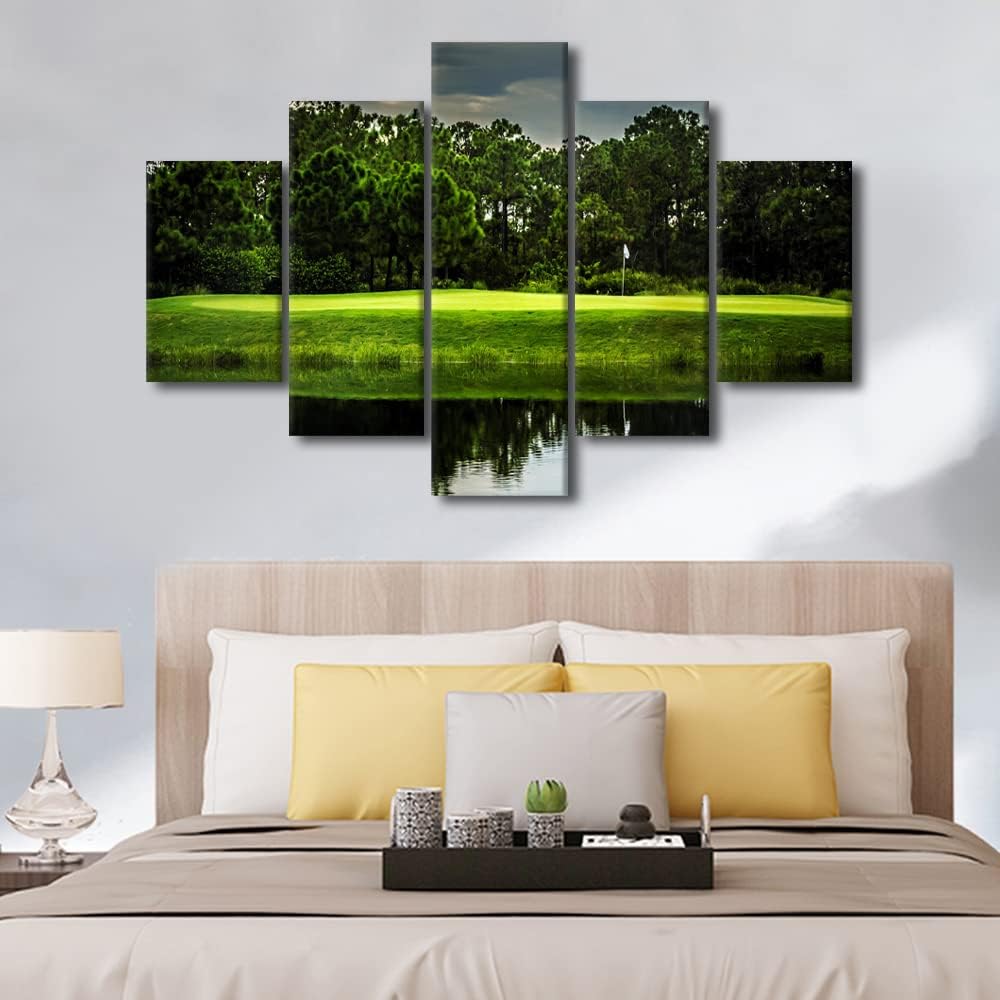 Landscape Pictures Wall Decor Green Golfing Course Wall Art White Golf Ball Artwork for Living Room 5 Piece Canvas Prints Paintings Contemporary House Decorations Framed Ready to Hang - 60"W x 40"H