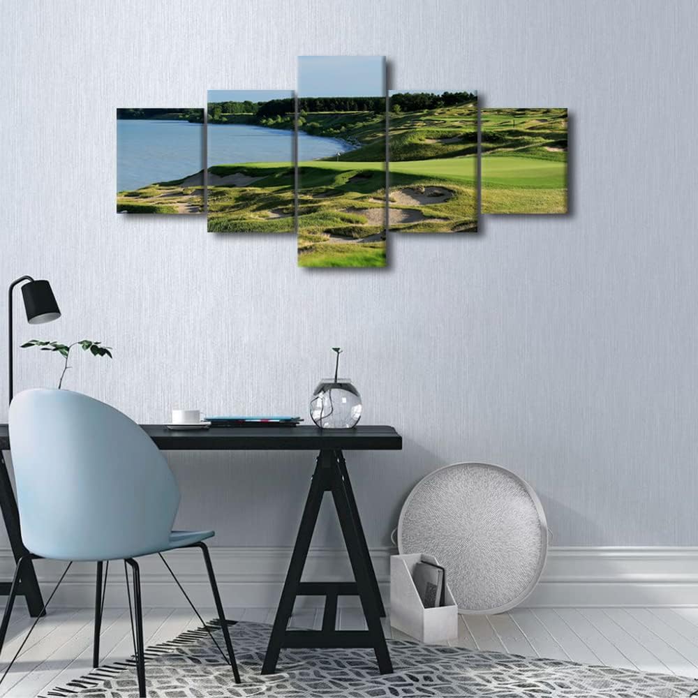 Golf Course Wall Art Canvas Painting Whistling Straits American Home Decor Green Pictures for Living Room Bedroom Office Wall Decorations 5 Piece Set Stretched and Framed Ready to Hang - 50"W x 24"H