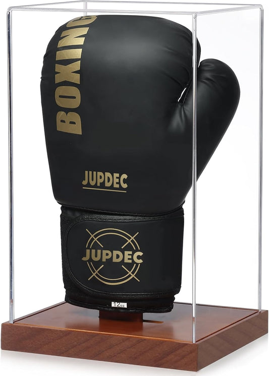 JupDec Boxing Glove Display Case, Clear Acrylic Showcase with Wood Base & Plank for Single Glove, Full Size UV Protection Souvenirs and Collectibles Box, Ideal Gift for Boxing Fans