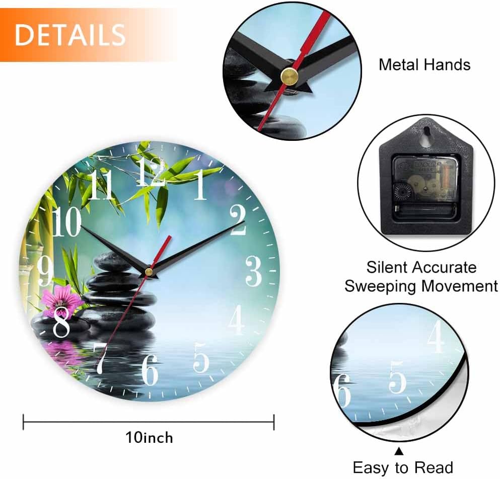 Mxocom Meditation Wall Clock Tower Black Stone and Hibiscus with Bamboo on Water Relax 10 Inch Silent Non Ticking Battery Operated Clock Vintage Round Clock for Living Room Bedroom Bathroom Decor
