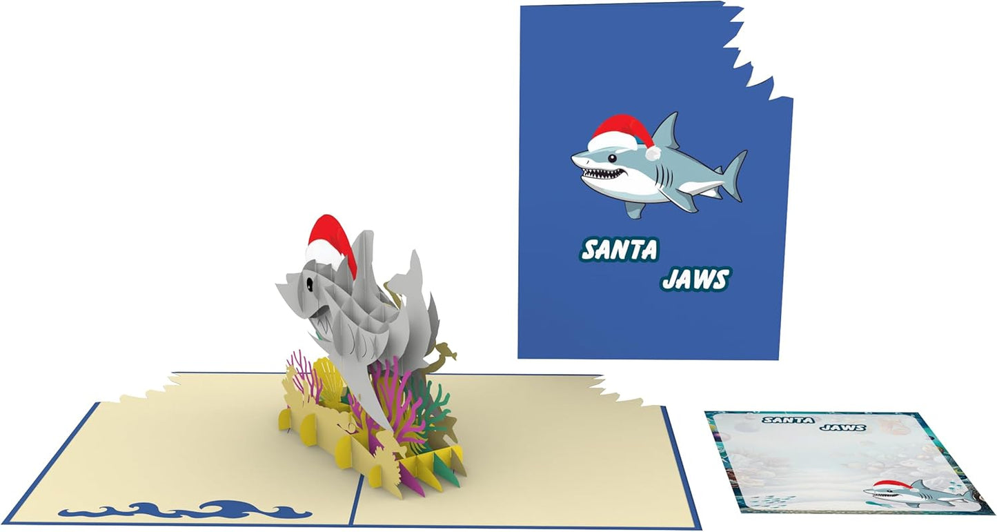 iGifts And Cards Santa Jaws: Ho-Ho-Holy Shark - 6"X8" 3D Pop-Up Christmas Card with Matching Notecard and Envelope, Fun & Festive Holiday Greeting, Hilarious Shark Lovers Gift, Unique Xmas Present