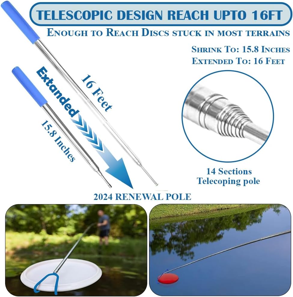 DF 4 in 1 Extendable Disc Golf Retriever 16 ft - Telescopic Disc Golf Retriever - Disc Retriever with Durable Stainless Steel Frame Hooks & Carry Bag - Disc Golf Retriever Pole for Tree Bushes & Water