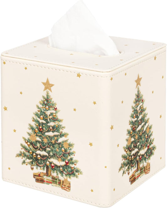 Christmas Tissue Box Cover Square, PU Leather Tissue Box Holder with Magnetic Closure for Bathroom Livingroom Bedroom, Christmas Decorations Cube Tissue Holder (Christmas Tree)