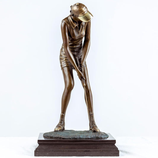 18.9'' Bronze Female Golfer Statue, Handcrafted Golf Figurine Sculpture with Solid Bronze & Marble Base, Classic Sports Decor for Home Office, Collectible Art Piece & Golf Gift