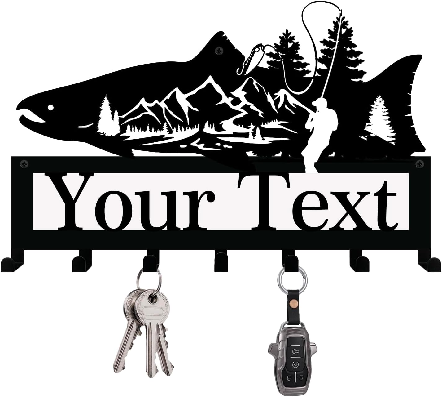 NIWAHO Personalized Family Name Metal Wall Sign with Hooks – Salmon Fish Key Rack Holder Wall Mount Customized Name for Entryway, Mudroom, Kitchen, or Cabin Decor