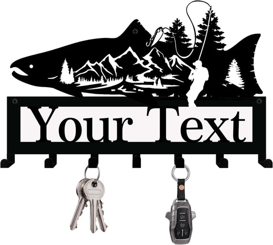 NIWAHO Personalized Family Name Metal Wall Sign with Hooks – Salmon Fish Key Rack Holder Wall Mount Customized Name for Entryway, Mudroom, Kitchen, or Cabin Decor