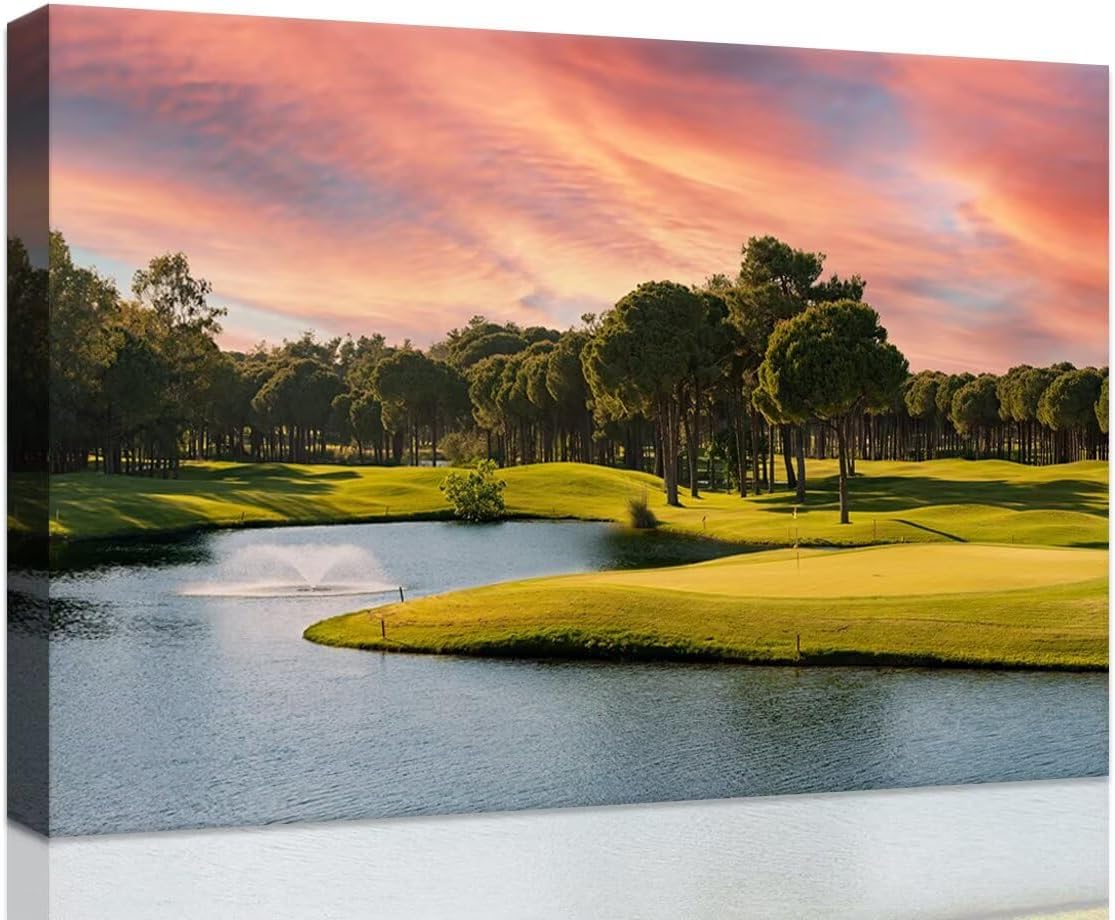 Sunset Golf Course Wall Art for Living Room Bedroom Bathroom Home Decorations Golf Course Picture Poster Print on Canvas Modern Artwork Framed Ready to Hang(24''H x 36''W)