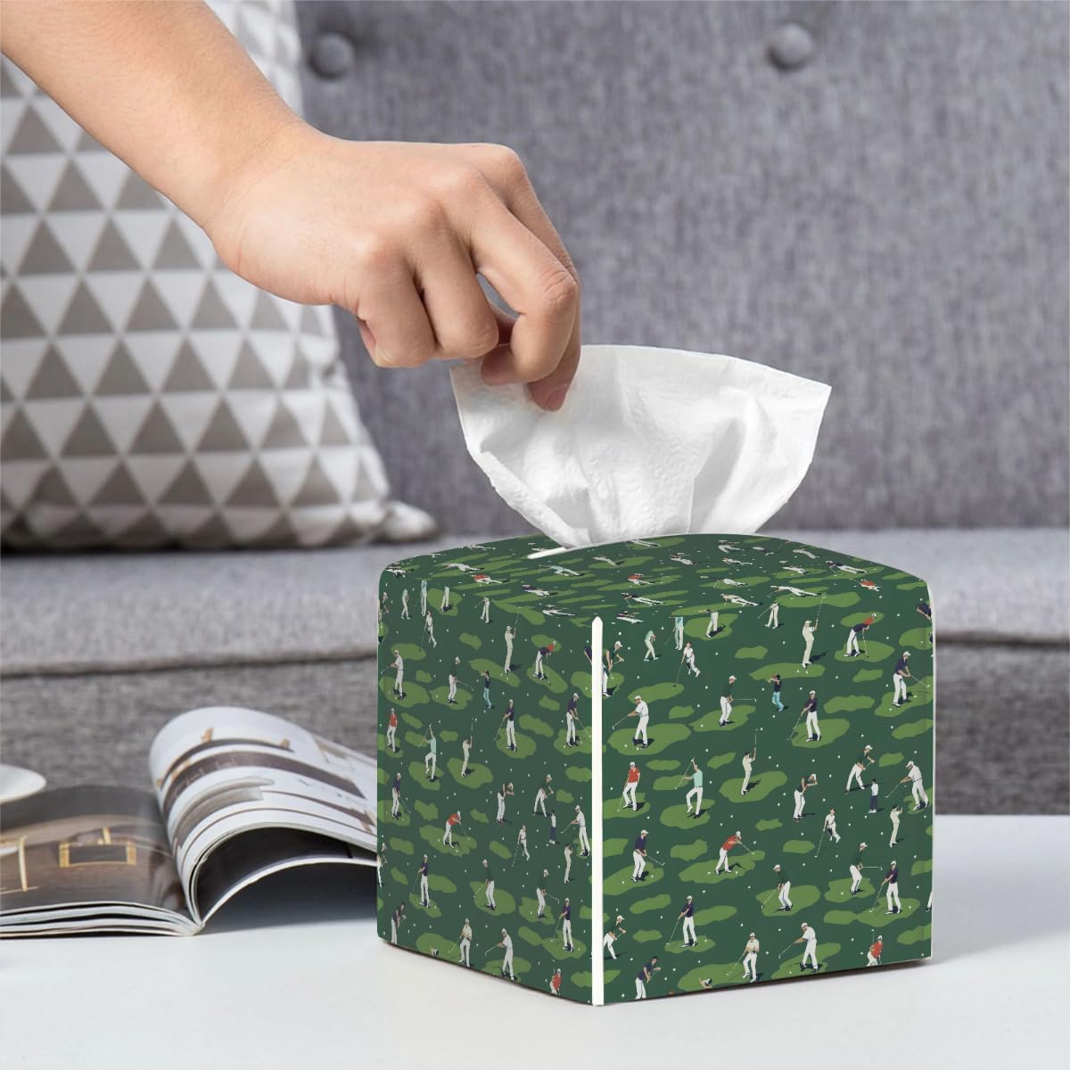 Square Leather Tissue Box Cover, Waterproof Napkin Dispenser with Golf Golf Player Print, Tissue Holder for Bathroom, Living Room, Bedroom, Office, and Car Decor