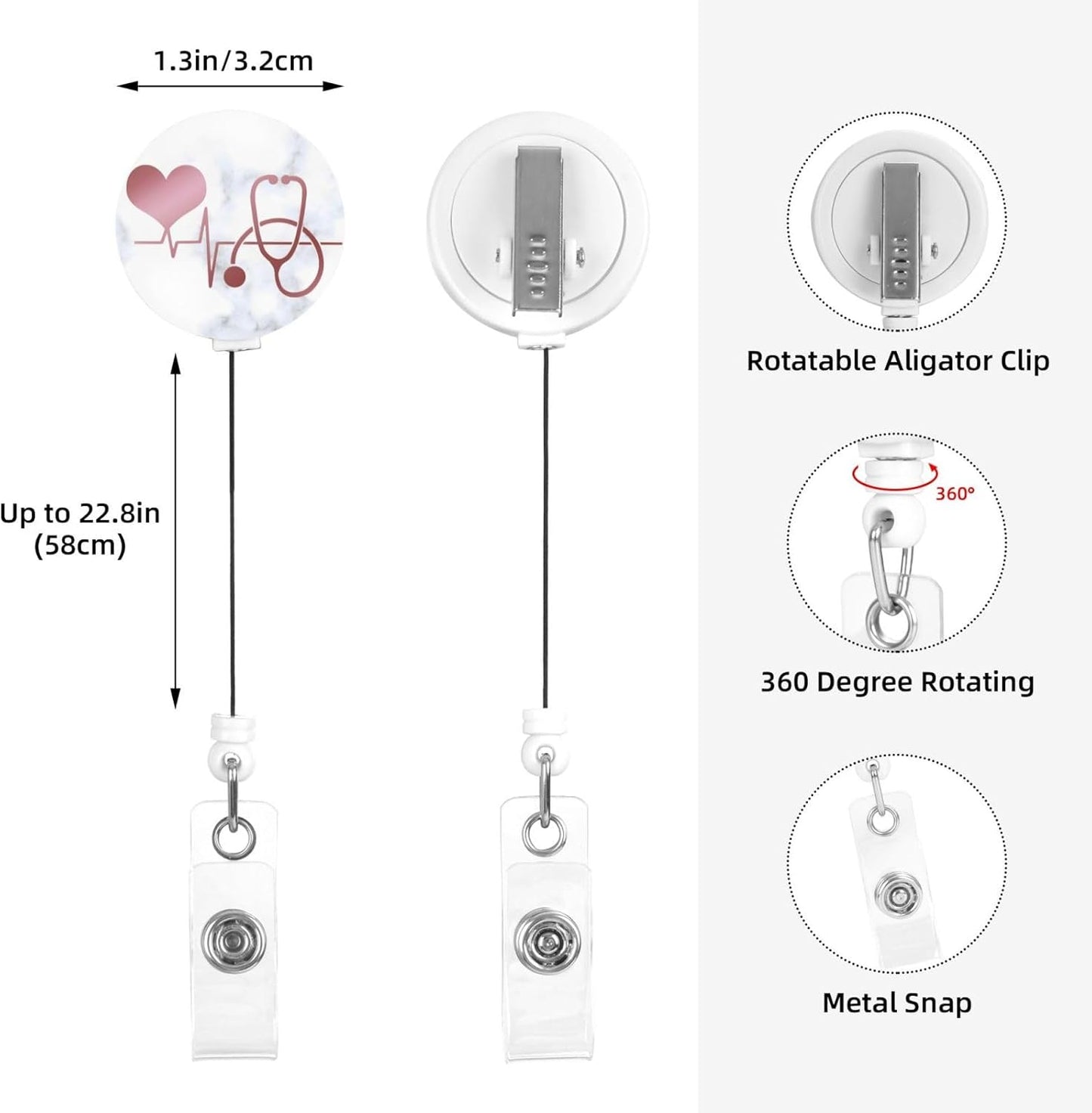 Nurse Doctor Heart Stethoscope Badge Reels Retractable Badge Holder with Clip for Id Name Tag Office Worker Student Teacher