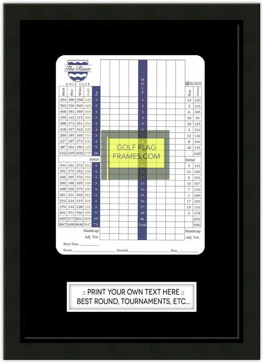 Custom Size Golf Scorecard Frame; Black Wood Frame, Scorecard Size 6x8V, Mat Color Black