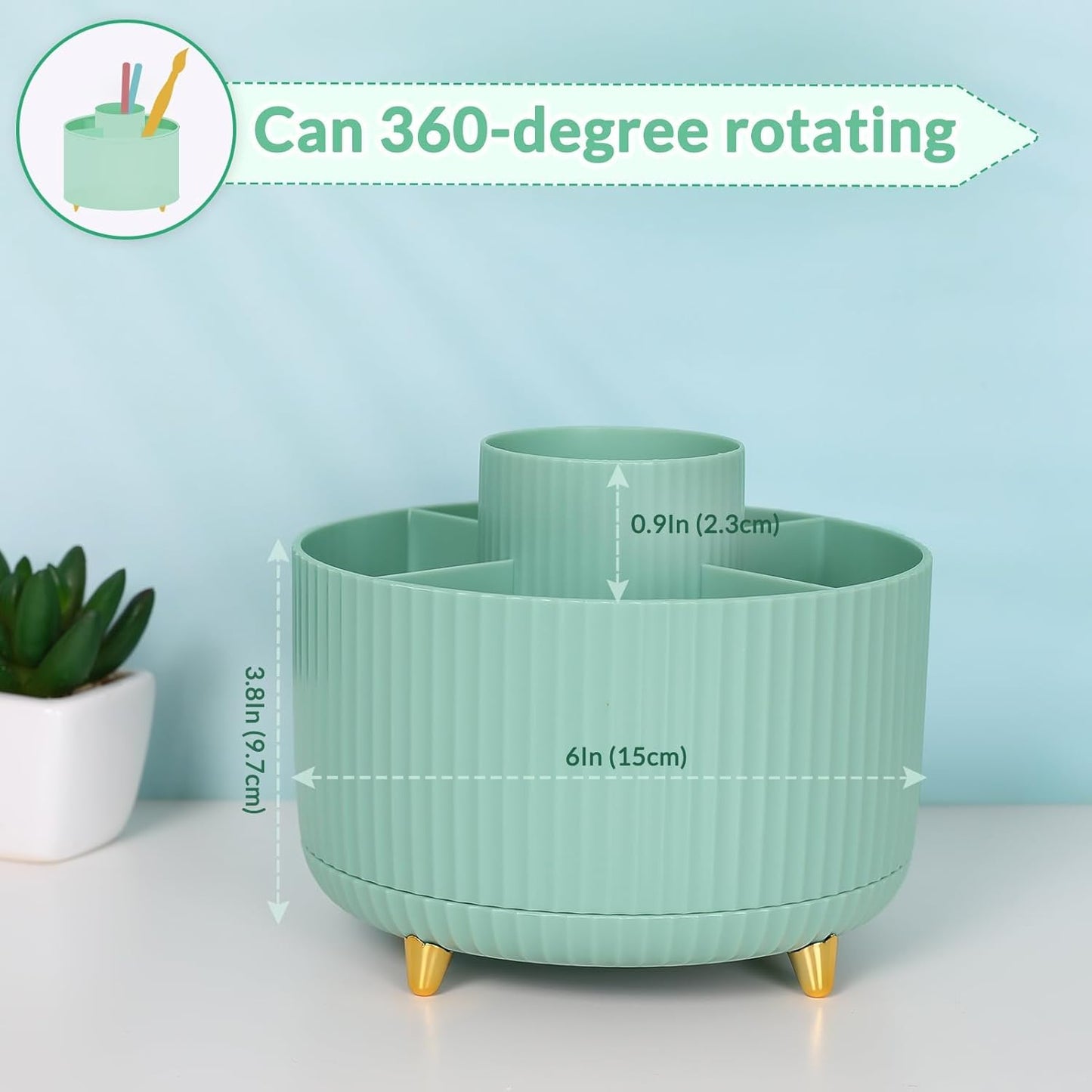 SKYDUE 360 Degree Rotating Desk Organizer, Dual-Purpose Pencil Pen Holder for Desktop, Rotating Desk Pen Organizer with 5 Slots, Pencil Cup for School, Home, Office Supplies (Bean Green)